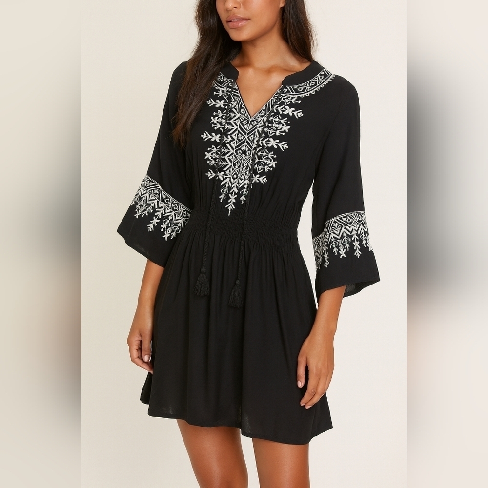 Tokio Talking New Embroidered Boho Mini Dress, Size M, Black White Embellished